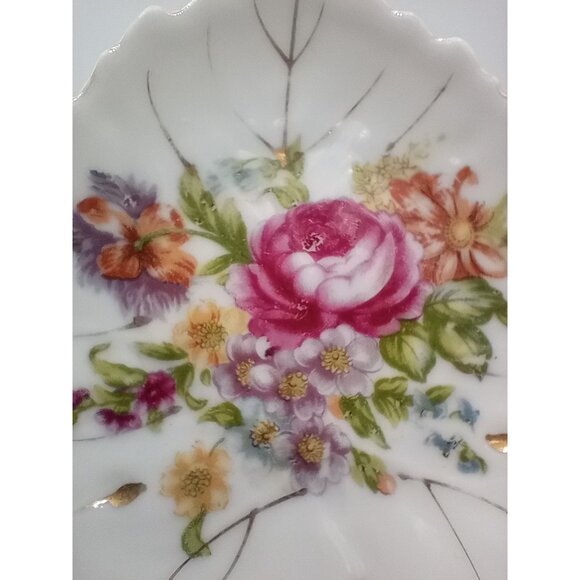 Trinket Tray Floral Leaf-Shaped Porcelain Dish Nasco Gold Trim Vintage 4" Japan - Picture 5 of 11